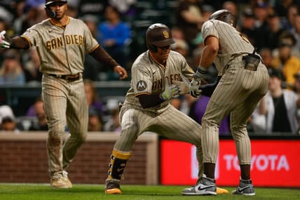 Aug 1, 2023; Denver, Colorado, USA; San Diego Padres left fielder Juan Soto (22) celebrates his three run home run with right fielder Fernando Tatis Jr. (23) in the fifth inning against the Colorado Rockies at Coors Field. Mandatory Credit: Isaiah J. Downing-USA TODAY Sports