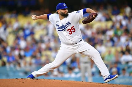 August 1, 2023; Los Angeles, California, USA; Los Angeles Dodgers starting pitcher Lance Lynn (35) throws against the Oakland Athletics during the first inning at Dodger Stadium. Mandatory Credit: Gary A. Vasquez-USA TODAY Sports