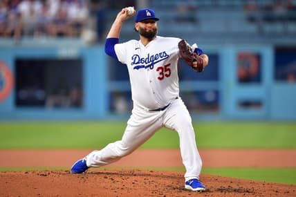 August 1, 2023; Los Angeles, California, USA; Los Angeles Dodgers starting pitcher Lance Lynn (35) throws against the Oakland Athletics during the second inning at Dodger Stadium. Mandatory Credit: Gary A. Vasquez-USA TODAY Sports