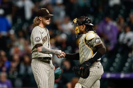 Aug 1, 2023; Denver, Colorado, USA; San Diego Padres relief pitcher Josh Hader (71) celebrates with catcher Luis Campusano (12) after the game against the Colorado Rockies at Coors Field. Mandatory Credit: Isaiah J. Downing-USA TODAY Sports