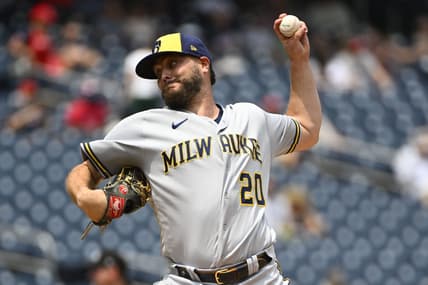 Aug 2, 2023; Washington, District of Columbia, USA; Milwaukee Brewers pitcher Wade Miley (20) throws to the Washington Nationals during the first inning at Nationals Park. Mandatory Credit: Brad Mills-USA TODAY Sports