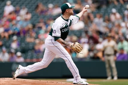Aug 2, 2023; Denver, Colorado, USA; Colorado Rockies starting pitcher Kyle Freeland (21) pitches in the first inning against the San Diego Padres at Coors Field. Mandatory Credit: Isaiah J. Downing-USA TODAY Sports