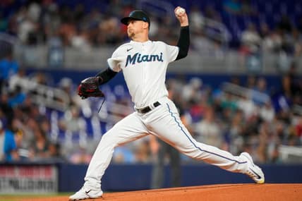 Aug 2, 2023; Miami, Florida, USA; Miami Marlins starting pitcher Braxton Garrett (29) throws a pitch against the Philadelphia Phillies during the first inning at loanDepot Park. Mandatory Credit: Rich Storry-USA TODAY Sports