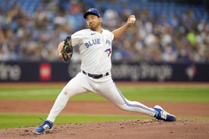 Aug 2, 2023; Toronto, Ontario, CAN; Toronto Blue Jays starting pitcher Yusei Kikuchi (16) pitches to the Baltimore Orioles during the second  inning at Rogers Centre. Mandatory Credit: John E. Sokolowski-USA TODAY Sports