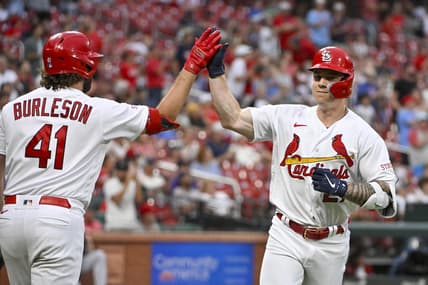 Aug 2, 2023; St. Louis, Missouri, USA;  St. Louis Cardinals left fielder Tyler O'Neill (27) is congratulated by designated hitter Alec Burleson (41) after hitting a solo home run against the Minnesota Twins during the second inning at Busch Stadium. Mandatory Credit: Jeff Curry-USA TODAY Sports