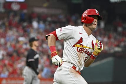 Aug 2, 2023; St. Louis, Missouri, USA;  St. Louis Cardinals center fielder Lars Nootbaar (21) runs down the line after hitting a two run home run off of Minnesota Twins starting pitcher Joe Ryan (41) during the second inning at Busch Stadium. Mandatory Credit: Jeff Curry-USA TODAY Sports