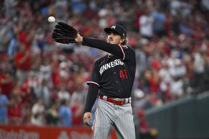 Aug 2, 2023; St. Louis, Missouri, USA;  Minnesota Twins starting pitcher Joe Ryan (41) catches a new baseball after giving up a two run home run to St. Louis Cardinals center fielder Lars Nootbaar (not pictured) during the second inning at Busch Stadium. Mandatory Credit: Jeff Curry-USA TODAY Sports