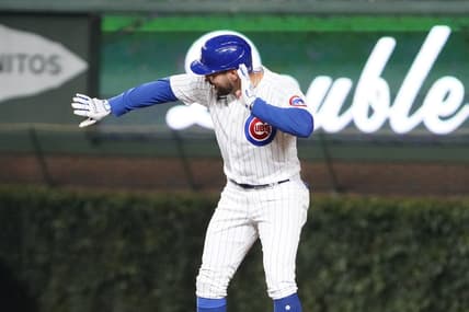 Aug 2, 2023; Chicago, Illinois, USA; Chicago Cubs center fielder Mike Tauchman (40) gestures after hitting a one run double against the Cincinnati Reds during the sixth inning at Wrigley Field. Mandatory Credit: David Banks-USA TODAY Sports