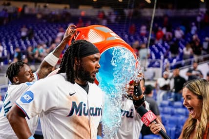 Aug 2, 2023; Miami, Florida, USA; Miami Marlins first baseman Josh Bell (9) is given gatorade bath after defeating the Philadelphia Phillies at loanDepot Park. Mandatory Credit: Rich Storry-USA TODAY Sports