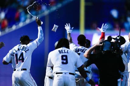 Aug 2, 2023; Miami, Florida, USA; Miami Marlins celebrates after defeating the Philadelphia Phillies during the twelfth inning at loanDepot Park. Mandatory Credit: Rich Storry-USA TODAY Sports