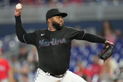 Aug 3, 2023; Miami, Florida, USA;  Miami Marlins starting pitcher Johnny Cueto (47) pitches against the Philadelphia Phillies at loanDepot Park. Mandatory Credit: Jim Rassol-USA TODAY Sports