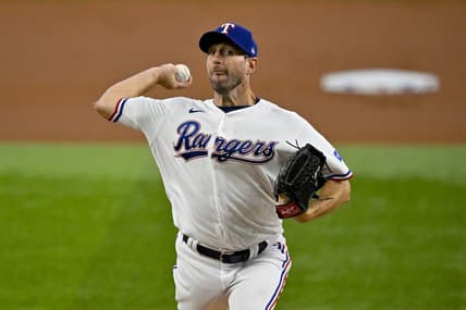 Aug 3, 2023; Arlington, Texas, USA; Texas Rangers starting pitcher Max Scherzer (31) pitches against the Chicago White Sox during the first inning at Globe Life Field. Mandatory Credit: Jerome Miron-USA TODAY Sports