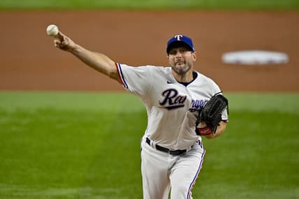 Aug 3, 2023; Arlington, Texas, USA; Texas Rangers starting pitcher Max Scherzer (31) pitches against the Chicago White Sox during the first inning at Globe Life Field. Mandatory Credit: Jerome Miron-USA TODAY Sports