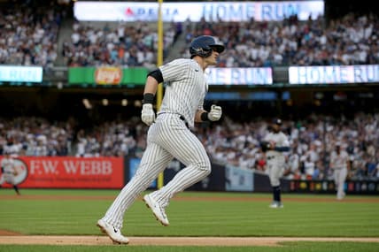 Aug 3, 2023; Bronx, New York, USA; New York Yankees left fielder Billy McKinney (57) rounds the bases after hitting a solo home run against the Houston Astros during the first inning at Yankee Stadium. Mandatory Credit: Brad Penner-USA TODAY Sports