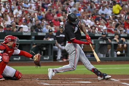 Aug 3, 2023; St. Louis, Missouri, USA;  Minnesota Twins center fielder Michael A. Taylor (2) hits a two run home run against the St. Louis Cardinals during the second inning at Busch Stadium. Mandatory Credit: Jeff Curry-USA TODAY Sports