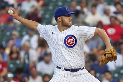 Aug 3, 2023; Chicago, Illinois, USA; Chicago Cubs starting pitcher Jameson Taillon (50) throws against the Cincinnati Reds during the first inning at Wrigley Field. Mandatory Credit: David Banks-USA TODAY Sports