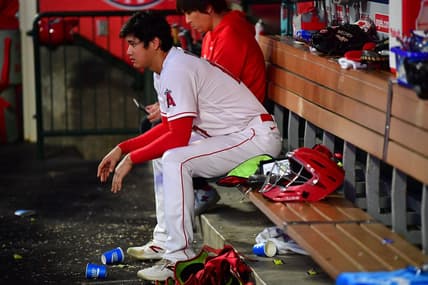 August 3, 2023; Anaheim, California, USA; Los Angeles Angels starting pitcher Shohei Ohtani (17) watches game action against the Seattle Mariners during the fifth inning at Angel Stadium. Mandatory Credit: Gary A. Vasquez-USA TODAY Sports
