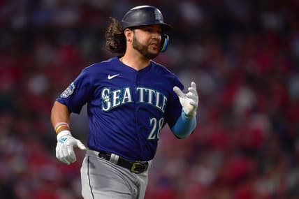 August 3, 2023; Anaheim, California, USA; Seattle Mariners third baseman Eugenio Suarez (28) runs after hitting a solo home run against the Los Angeles Angels during the sixth inning at Angel Stadium. Mandatory Credit: Gary A. Vasquez-USA TODAY Sports