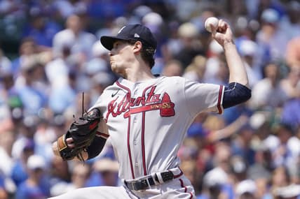 Aug 4, 2023; Chicago, Illinois, USA; Atlanta Braves starting pitcher Max Fried (54) throws the ball against the Chicago Cubs during the first inning at Wrigley Field. Mandatory Credit: David Banks-USA TODAY Sports