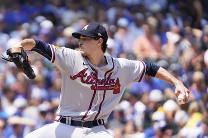 Aug 4, 2023; Chicago, Illinois, USA; Atlanta Braves starting pitcher Max Fried (54) throws the ball against the Chicago Cubs during the first inning at Wrigley Field. Mandatory Credit: David Banks-USA TODAY Sports
