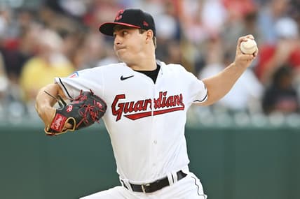 Aug 4, 2023; Cleveland, Ohio, USA; Cleveland Guardians starting pitcher Logan Allen (41) throws a pitch during the first inning against the Chicago White Sox at Progressive Field. Mandatory Credit: Ken Blaze-USA TODAY Sports