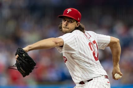 Aug 4, 2023; Philadelphia, Pennsylvania, USA; Philadelphia Phillies starting pitcher Aaron Nola (27) throws a pitch during the third inning against the Kansas City Royals at Citizens Bank Park. Mandatory Credit: Bill Streicher-USA TODAY Sports