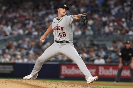 Aug 4, 2023; Bronx, New York, USA; Houston Astros starting pitcher Hunter Brown (58) delivers a pitch during the third inning against the New York Yankees at Yankee Stadium. Mandatory Credit: Vincent Carchietta-USA TODAY Sports