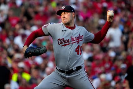Aug 4, 2023; Cincinnati, Ohio, USA; Washington Nationals starting pitcher Patrick Corbin (46) throws against the Cincinnati Reds during the third inning at Great American Ball Park. Mandatory Credit: Kareem Elgazzar-The Cincinnati Enquirer-USA TODAY Sports