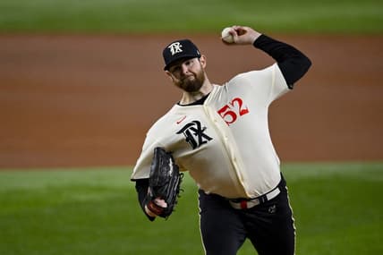 Aug 4, 2023; Arlington, Texas, USA; Texas Rangers starting pitcher Jordan Montgomery (52) pitches against the Miami Marlins during the first inning at Globe Life Field. Mandatory Credit: Jerome Miron-USA TODAY Sports