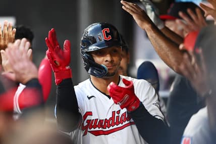 Aug 4, 2023; Cleveland, Ohio, USA; Cleveland Guardians second baseman Andres Gimenez celebrates after hitting a two run home run during the fifth inning against the Chicago White Sox at Progressive Field. Mandatory Credit: Ken Blaze-USA TODAY Sports
