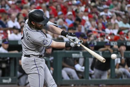 Aug 4, 2023; St. Louis, Missouri, USA;  Colorado Rockies second baseman Brendan Rodgers (7) hits a one run single against the St. Louis Cardinals during the second inning at Busch Stadium. Mandatory Credit: Jeff Curry-USA TODAY Sports