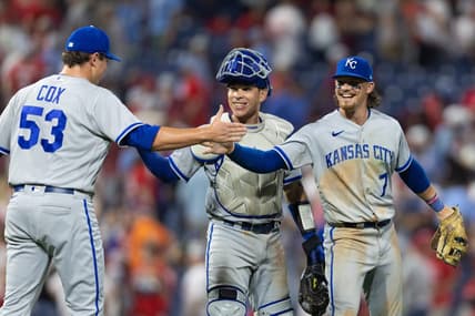 Aug 4, 2023; Philadelphia, Pennsylvania, USA; Kansas City Royals relief pitcher Austin Cox (53) and catcher Freddy Fermin (34) and shortstop Bobby Witt Jr. (7) celebrate a victory against the Philadelphia Phillies at Citizens Bank Park. Mandatory Credit: Bill Streicher-USA TODAY Sports