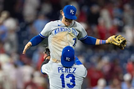Aug 4, 2023; Philadelphia, Pennsylvania, USA; Kansas City Royals catcher Salvador Perez (13) lifts shortstop Bobby Witt Jr. (7) as they celebrate a victory against the Philadelphia Phillies at Citizens Bank Park. Mandatory Credit: Bill Streicher-USA TODAY Sports