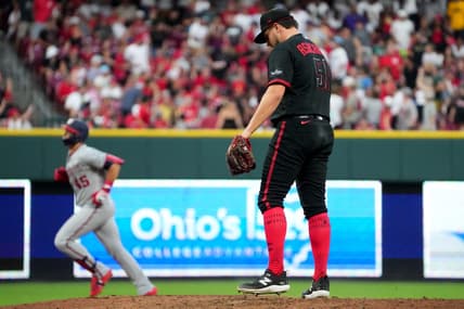 Aug 4, 2023; Cincinnati, Ohio, USA; Cincinnati Reds starting pitcher Graham Ashcraft (51) reacts after giving up a two run home run against Washington Nationals designated hitter Joey Meneses (45) during the eighth inning at Great American Ball Park. Mandatory Credit: Kareem Elgazzar-The Cincinnati Enquirer-USA TODAY Sports