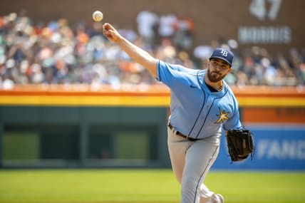 Aug 5, 2023; Detroit, Michigan, USA; Tampa Bay Rays Starting pitcher Aaron Civale (34) delivers in the first inning against the Detroit Tigers at Comerica Park. Mandatory Credit: David Reginek-USA TODAY Sports