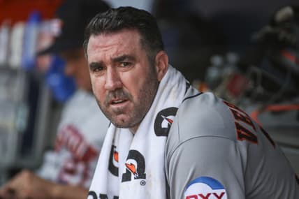 Aug 5, 2023; Bronx, New York, USA;  Houston Astros starting pitcher Justin Verlander (35) sits in the dugout in the sixth inning against the New York Yankees at Yankee Stadium. Mandatory Credit: Wendell Cruz-USA TODAY Sports