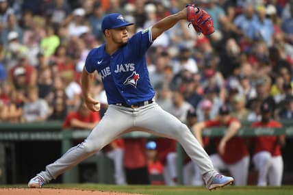 Aug 5, 2023; Boston, Massachusetts, USA;  Toronto Blue Jays starting pitcher Jose Berrios (17) pitches during the first inning against the Boston Red Sox at Fenway Park. Mandatory Credit: Bob DeChiara-USA TODAY Sports