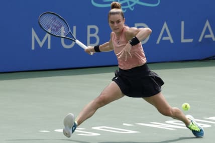 Aug 5, 2023; Washington, D.C., USA; Maria Sakkari (GRE) reaches for a forehand against Jessica Pegula (USA) (not pictured) in a women's singles semifinal on day eight of the Mubadala Citi DC Open at Fitzgerald Tennis Stadium. Mandatory Credit: Geoff Burke-USA TODAY Sports