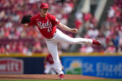 Cincinnati Reds starting pitcher Andrew Abbott (41) follows through on a pitch in the first inning of the MLB National League game between the Cincinnati Reds and the Washington Nationals at Great American Ball Park in downtown Cincinnati on Saturday, Aug. 5, 2023. The Nationals led 5-0 after four innings.