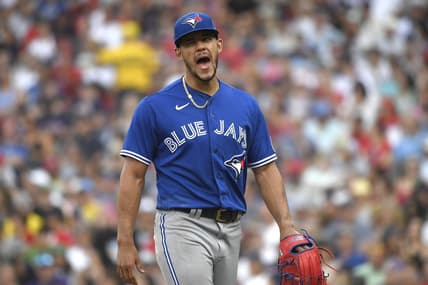 Aug 5, 2023; Boston, Massachusetts, USA;  Toronto Blue Jays starting pitcher Jose Berrios (17) reacts after being relieved during the sixth inning against the Boston Red Sox at Fenway Park. Mandatory Credit: Bob DeChiara-USA TODAY Sports