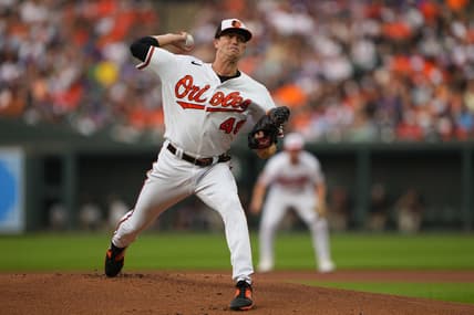 Aug 5, 2023; Baltimore, Maryland, USA; Baltimore Orioles pitcher Kyle Gibson (48) delivers a pitch during the first inning against the New York Mets at Oriole Park at Camden Yards. Mandatory Credit: Gregory Fisher-USA TODAY Sports