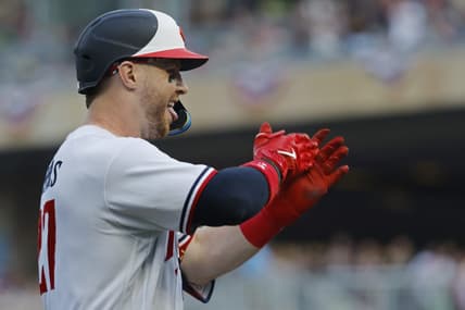 Aug 5, 2023; Minneapolis, Minnesota, USA; Minnesota Twins catcher Ryan Jeffers (27) runs the bases and celebrates his two-run home run against the Arizona Diamondbacks in the second inning at Target Field. Mandatory Credit: Bruce Kluckhohn-USA TODAY Sports