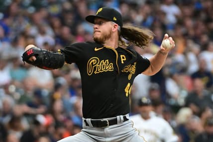 Aug 5, 2023; Milwaukee, Wisconsin, USA; Pittsburgh Pirates pitcher Bailey Falter (44) pitches against the Milwaukee Brewers in the fifth inning at American Family Field. Mandatory Credit: Benny Sieu-USA TODAY Sports