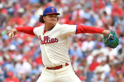 Aug 6, 2023; Philadelphia, Pennsylvania, USA; Philadelphia Phillies starting pitcher Taijuan Walker (99) throws a pitch against the Kansas City Royals during the second inning at Citizens Bank Park. Mandatory Credit: Eric Hartline-USA TODAY Sports