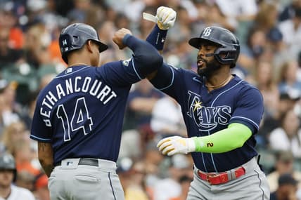 Aug 6, 2023; Detroit, Michigan, USA; Tampa Bay Rays first baseman Yandy Diaz (2) receives congratulations from catcher Christian Bethancourt (14) after he hits a two run home run in the second inning against the Detroit Tigers at Comerica Park. Mandatory Credit: Rick Osentoski-USA TODAY Sports