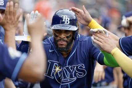 Aug 6, 2023; Detroit, Michigan, USA; Tampa Bay Rays first baseman Yandy Diaz (2) receives congratulations from teammates after he hits a two run home run in the second inning against the Detroit Tigers at Comerica Park. Mandatory Credit: Rick Osentoski-USA TODAY Sports