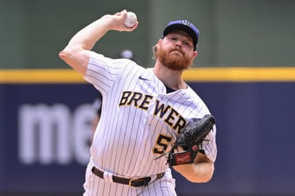 Aug 6, 2023; Milwaukee, Wisconsin, USA; Milwaukee Brewers pitcher Brandon Woodruff (53) pitches against the Pittsburgh Pirates in the first inning at American Family Field. Mandatory Credit: Benny Sieu-USA TODAY Sports