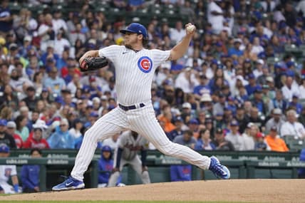 Aug 6, 2023; Chicago, Illinois, USA; Chicago Cubs starting pitcher Justin Steele (35) throws the ball against the Atlanta Braves during the first inning at Wrigley Field. Mandatory Credit: David Banks-USA TODAY Sports