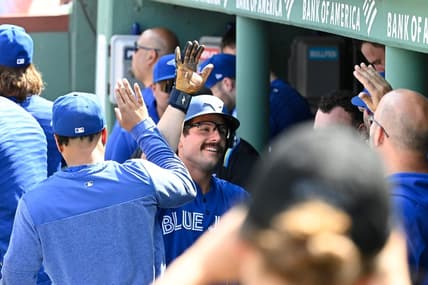Aug 6, 2023; Boston, Massachusetts, USA; Toronto Blue Jays second baseman Davis Schneider (36) celebrates a two run home run against the Boston Red Sox during the fourth inning at Fenway Park. Mandatory Credit: Eric Canha-USA TODAY Sports