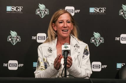 Aug 6, 2023; Brooklyn, New York, USA;  WNBA Commissioner Cathy Engelbert speaks at a press conference prior to the game between the Las Vegas Aces and the New York Liberty at Barclays Center. Mandatory Credit: Wendell Cruz-USA TODAY Sports